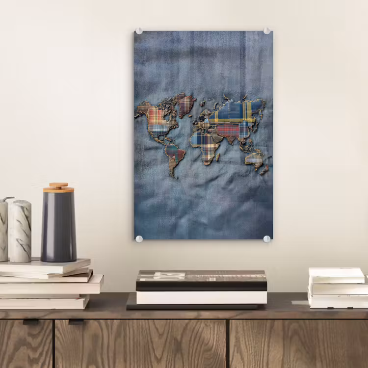 Glas schilderij - Wereldkaart - Denim - Textiel — 2