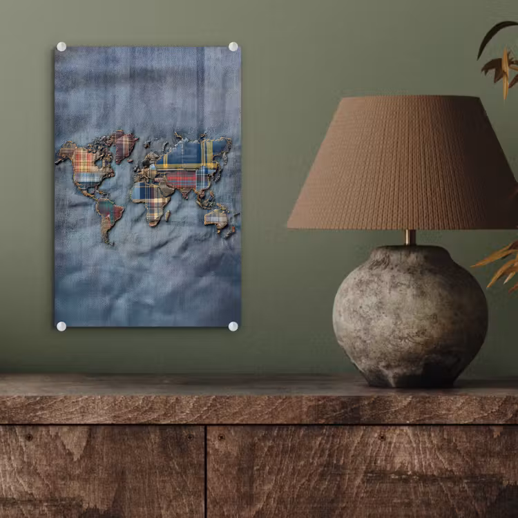 Glas schilderij - Wereldkaart - Denim - Textiel — 4
