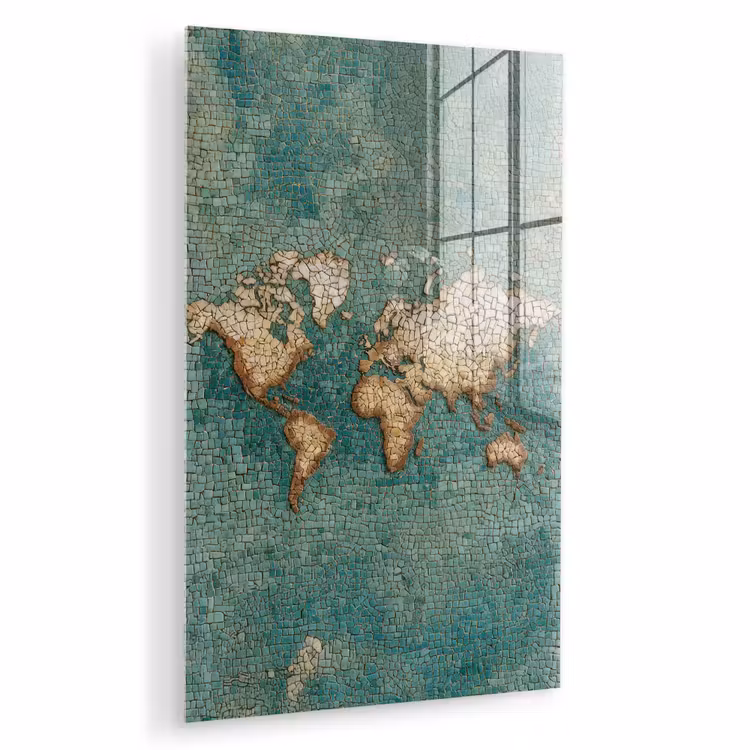 Glas schilderij - Wereldkaart - Gebroken tegels - Mozaïek — 1
