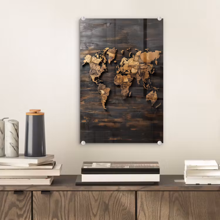 Glas schilderij - Wereldkaart -  Hout - Mozaïek — 2