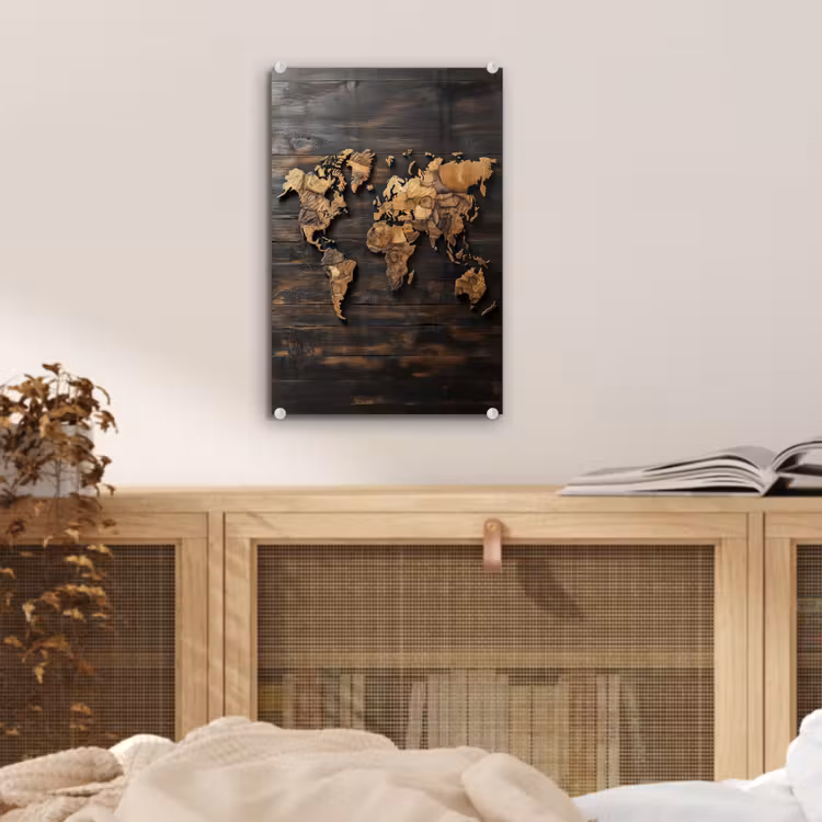 Glas schilderij - Wereldkaart -  Hout - Mozaïek — 5