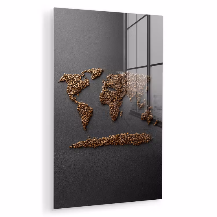 Glas schilderij - Wereldkaart - Koffie - Grijs — 1