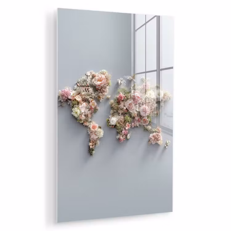 Glas schilderij - Wereldkaart - Rozen - Roze — 1