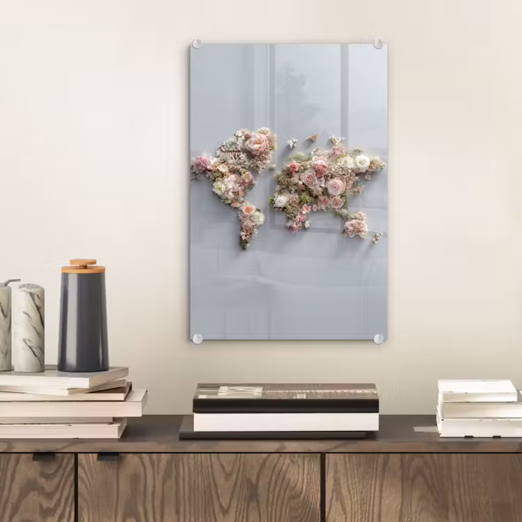 Glas schilderij - Wereldkaart - Rozen - Roze — 2