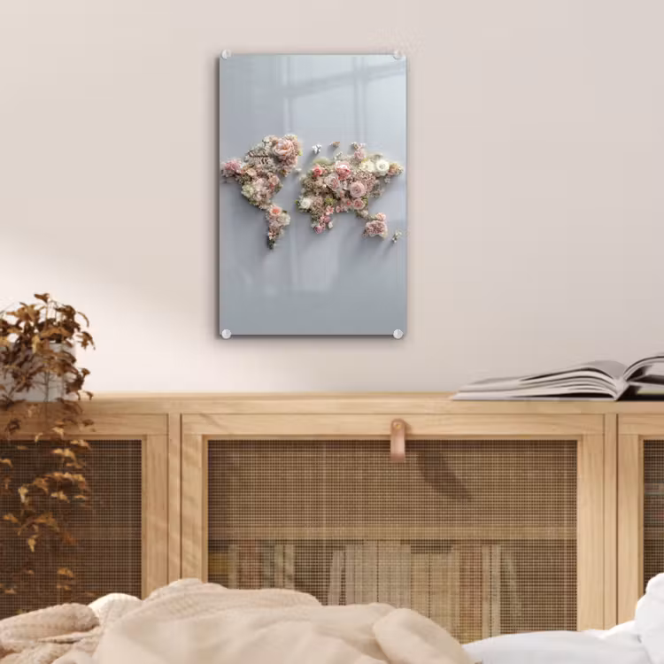 Glas schilderij - Wereldkaart - Rozen - Roze — 5