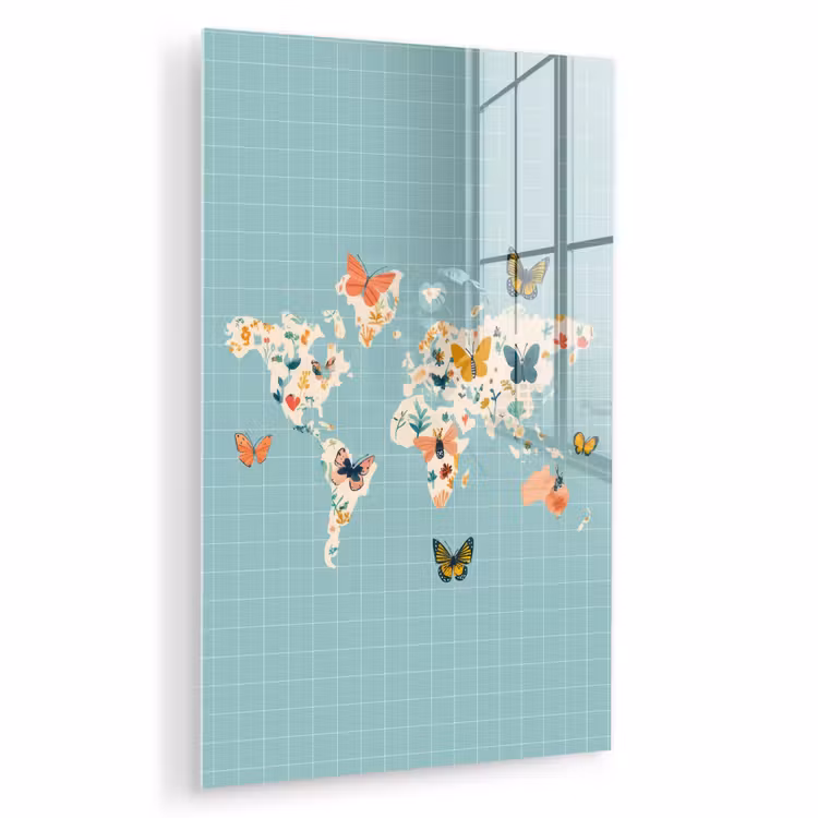 Glas schilderij - Wereldkaart - Vlinders - Dromerig — 1