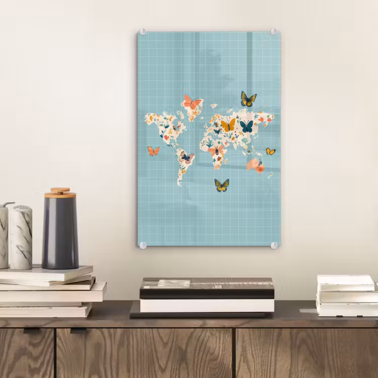 Glas schilderij - Wereldkaart - Vlinders - Dromerig — 2