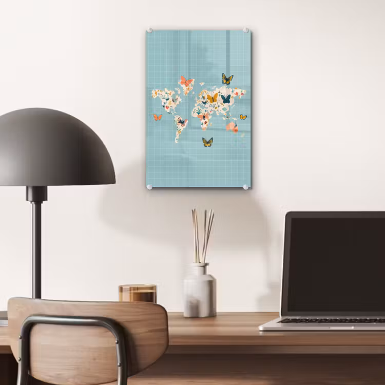 Glas schilderij - Wereldkaart - Vlinders - Dromerig — 7