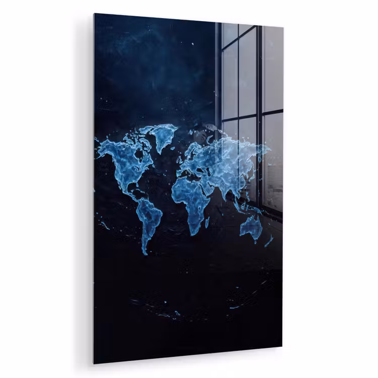 Glas schilderij - Wereldkaart - Waterstructuur - Blauw — 1
