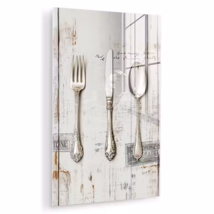Glas schilderij - Zilver - Bestek - Hout — 1