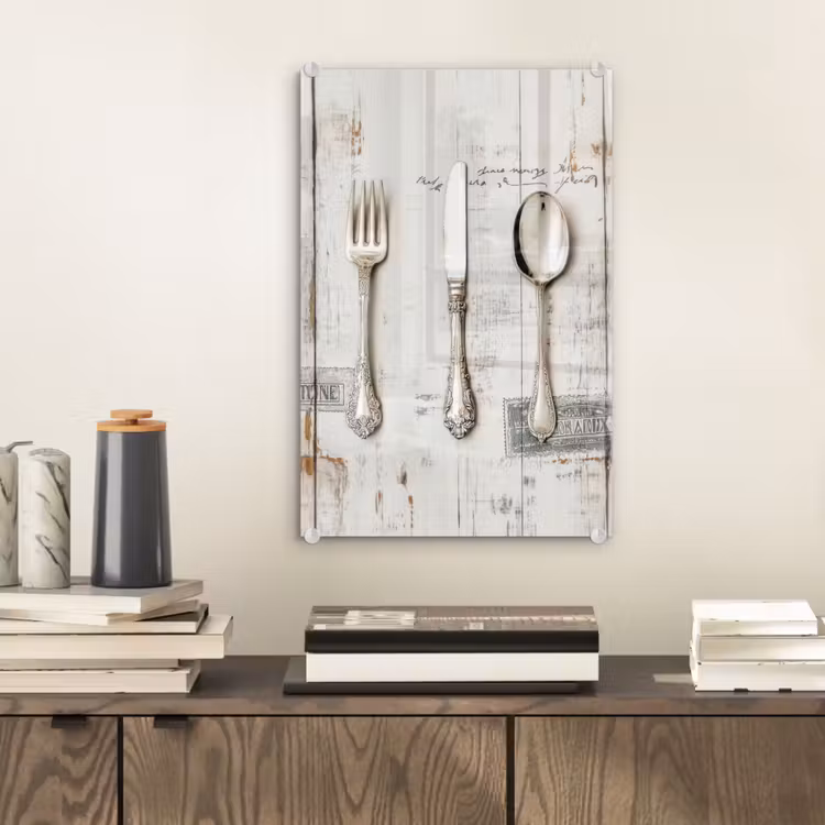 Glas schilderij - Zilver - Bestek - Hout — 2
