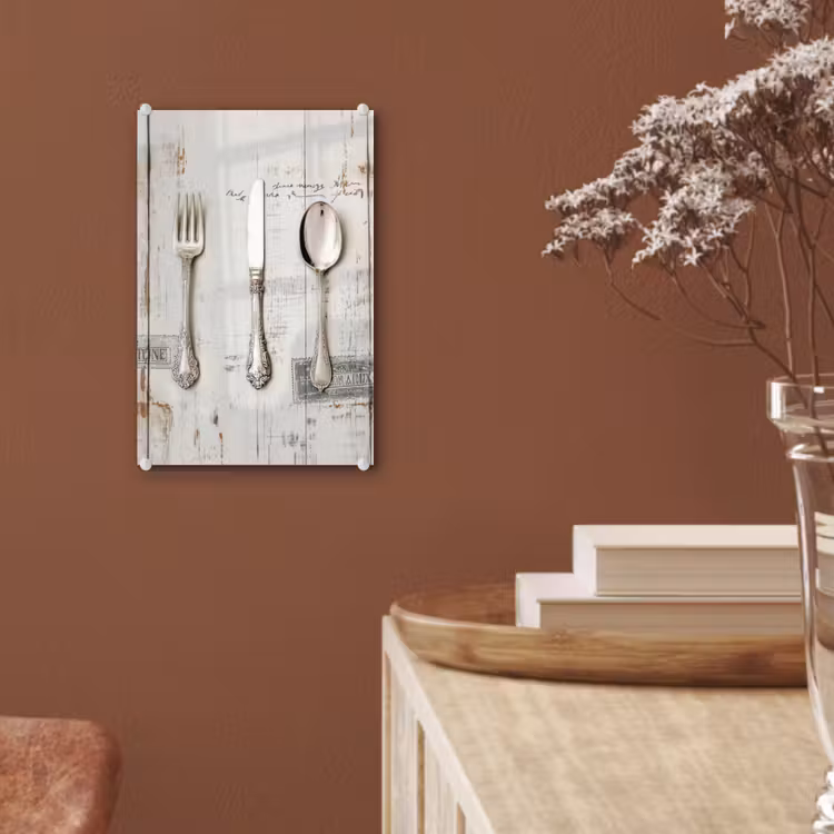 Glas schilderij - Zilver - Bestek - Hout — 6