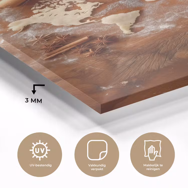 Glas schilderij - Wereldkaart - Koekjesdeeg - Warme baksfeer — 3
