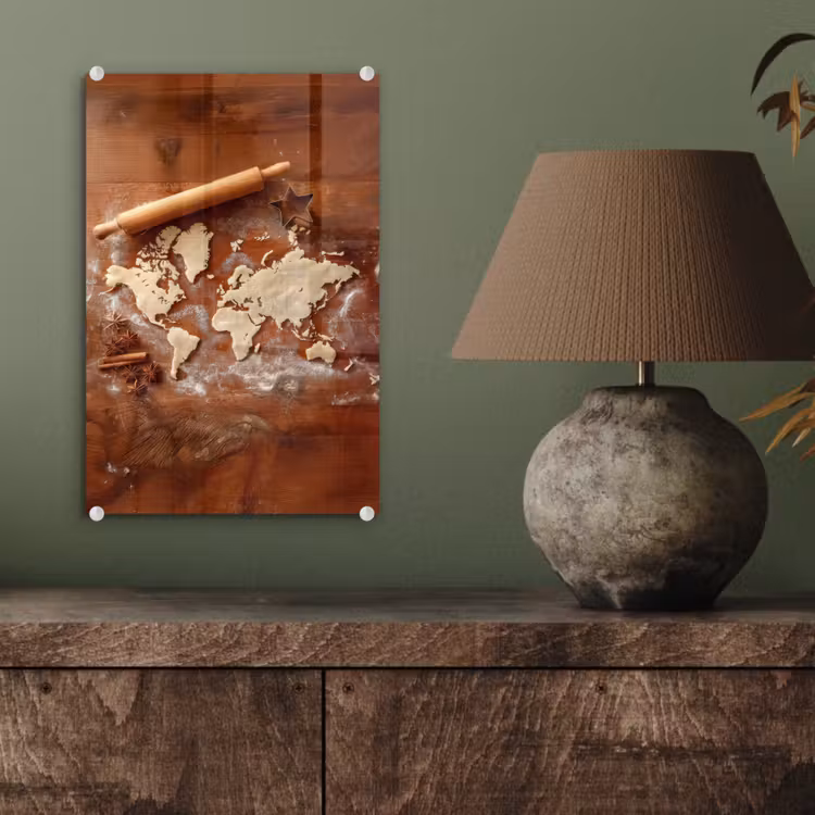 Glas schilderij - Wereldkaart - Koekjesdeeg - Warme baksfeer — 4