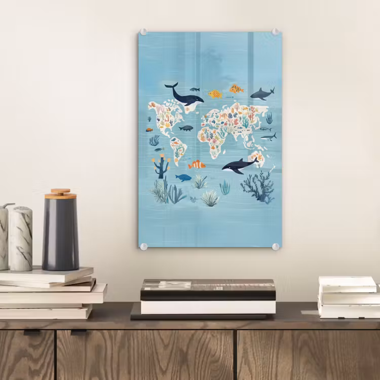 Glas schilderij - Wereldkaart - Zeeleven - Blauw — 2