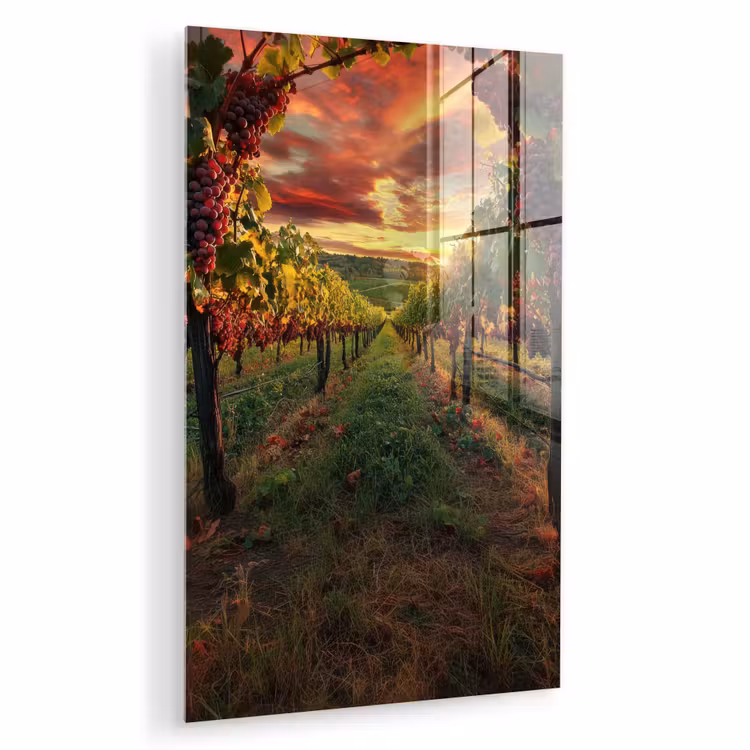 Glas schilderij - Wijngaard - Druiven - Zonsondergang — 1
