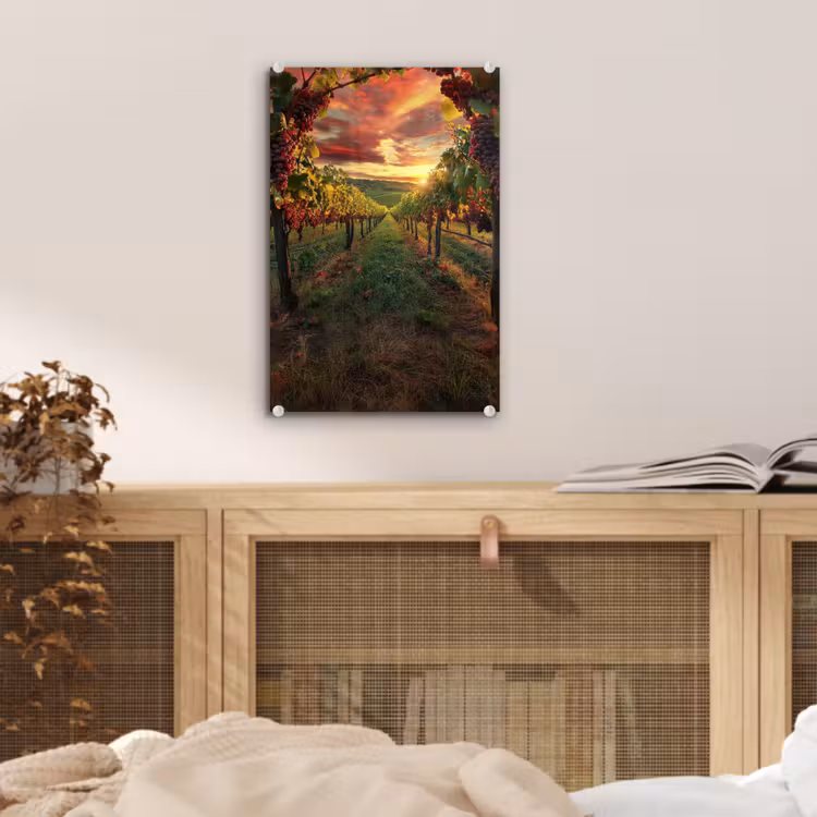 Glas schilderij - Wijngaard - Druiven - Zonsondergang — 5