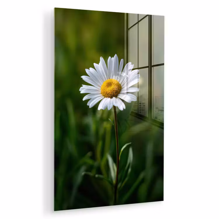 Glas schilderij - Wit - Madeliefje - Bloem - Gras — 1