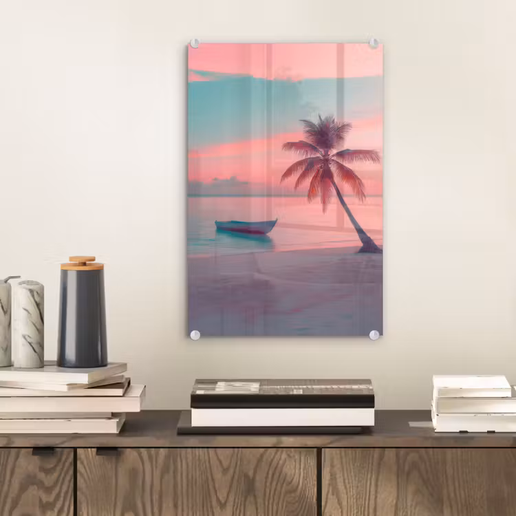 Glas schilderij - Zee - Boot - Zonsondergang — 2