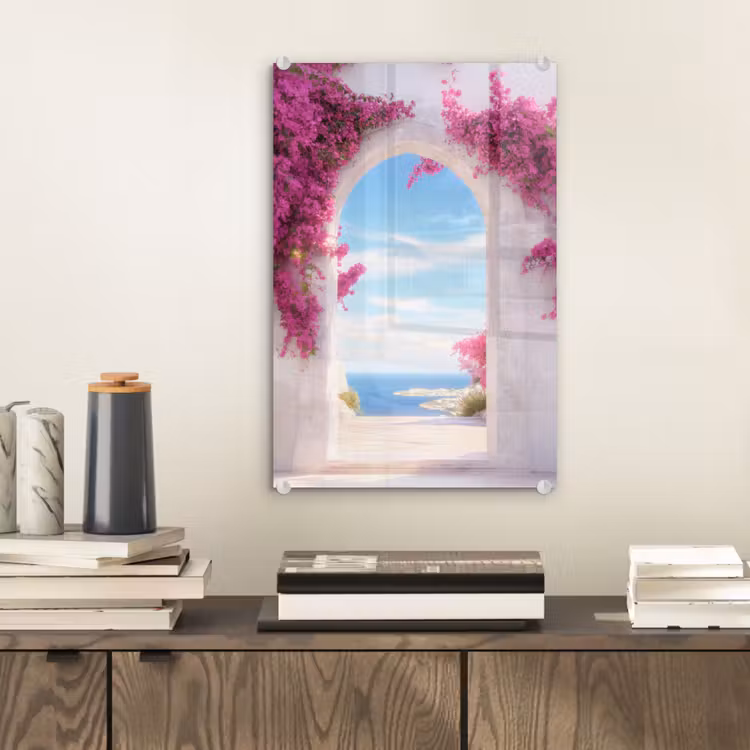 Glas schilderij - Zee - Roze - Bloemen - Poort — 2