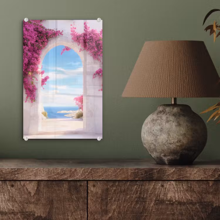 Glas schilderij - Zee - Roze - Bloemen - Poort — 4