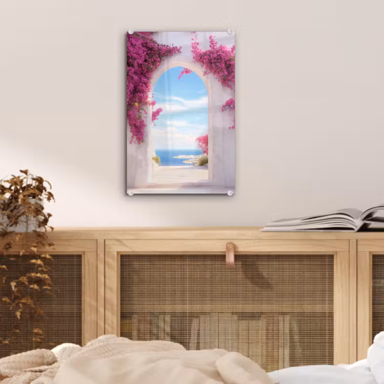 Glas schilderij - Zee - Roze - Bloemen - Poort — 5