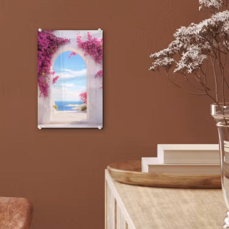 Glas schilderij - Zee - Roze - Bloemen - Poort — 6