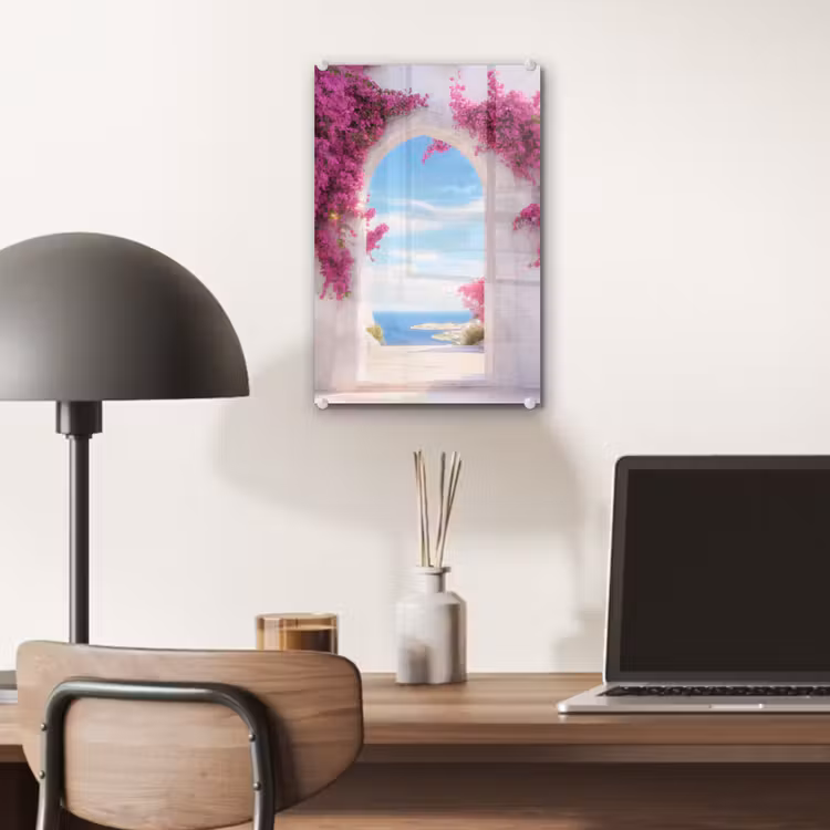 Glas schilderij - Zee - Roze - Bloemen - Poort — 7