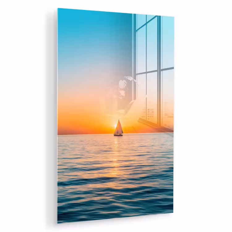 Glas schilderij - Zee - Zeilboot - Zonsondergang — 1
