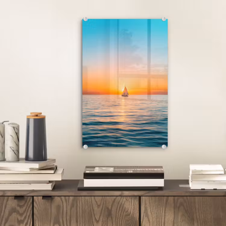 Glas schilderij - Zee - Zeilboot - Zonsondergang — 2