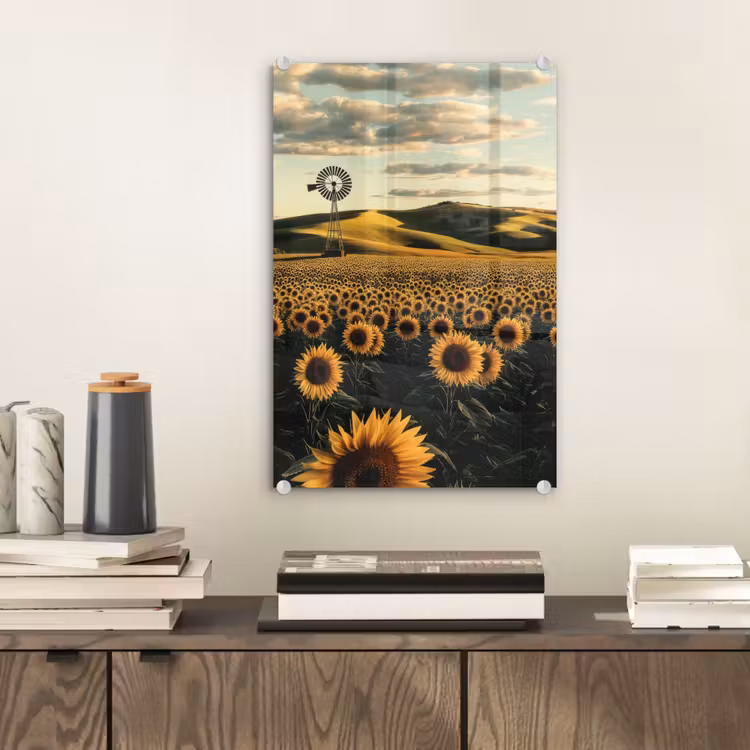 Glas schilderij - Zonnebloem - Veld - Windmolen — 2
