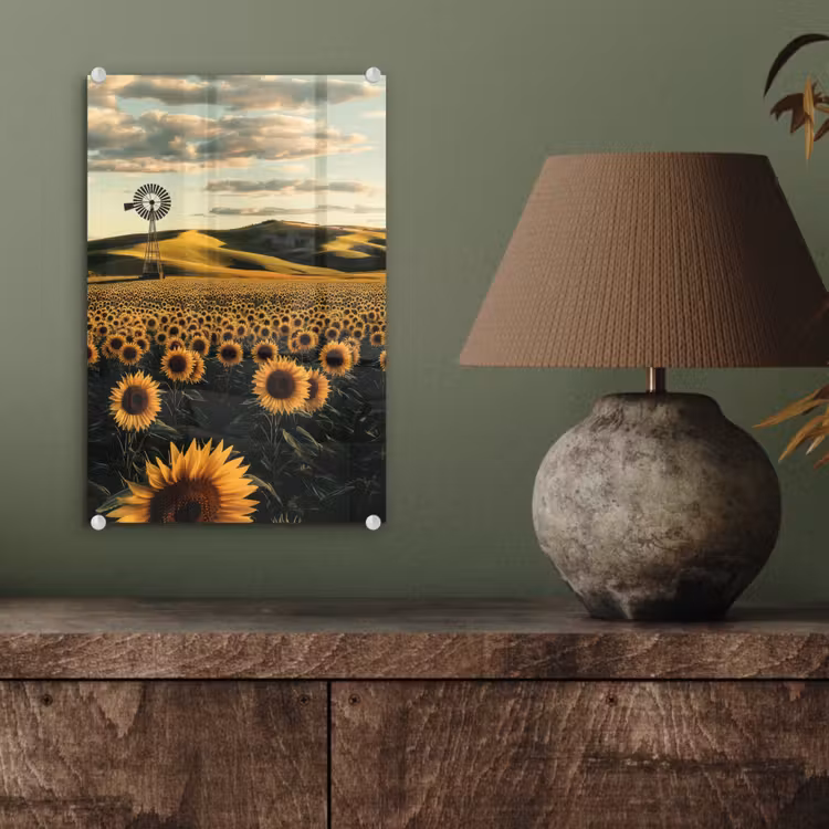 Glas schilderij - Zonnebloem - Veld - Windmolen — 4