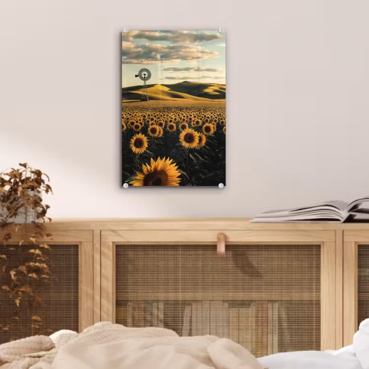 Glas schilderij - Zonnebloem - Veld - Windmolen — 5