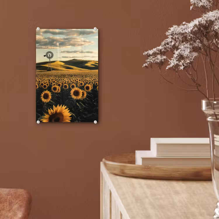 Glas schilderij - Zonnebloem - Veld - Windmolen — 6