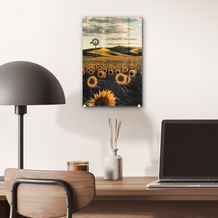 Glas schilderij - Zonnebloem - Veld - Windmolen — 7