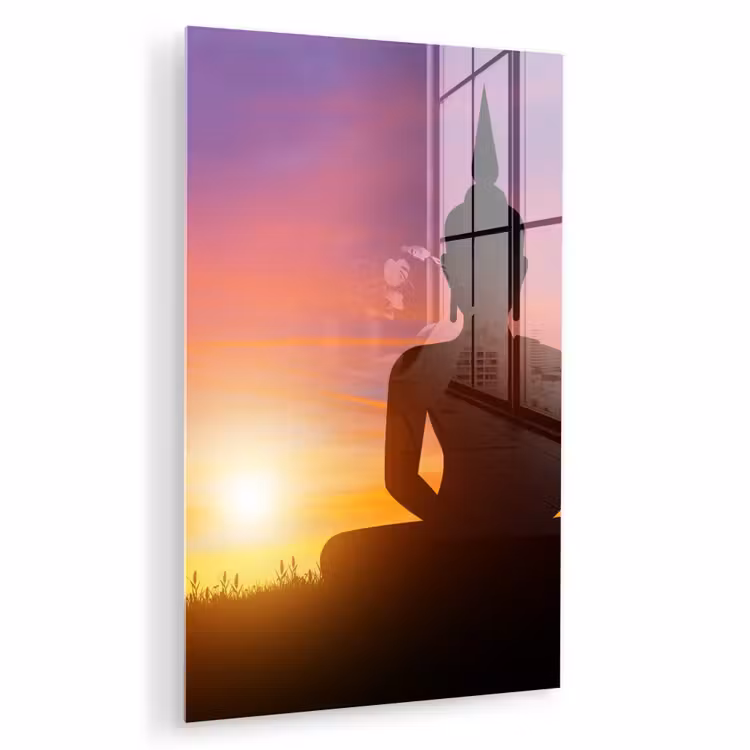 Glas schilderij - Zonsondergang - Horizon - Boeddha beeld - Buddha - Silhouette — 1