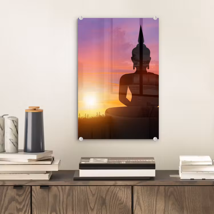 Glas schilderij - Zonsondergang - Horizon - Boeddha beeld - Buddha - Silhouette — 2