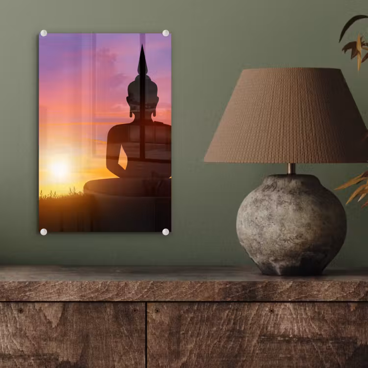 Glas schilderij - Zonsondergang - Horizon - Boeddha beeld - Buddha - Silhouette — 4