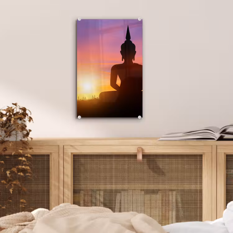 Glas schilderij - Zonsondergang - Horizon - Boeddha beeld - Buddha - Silhouette — 5
