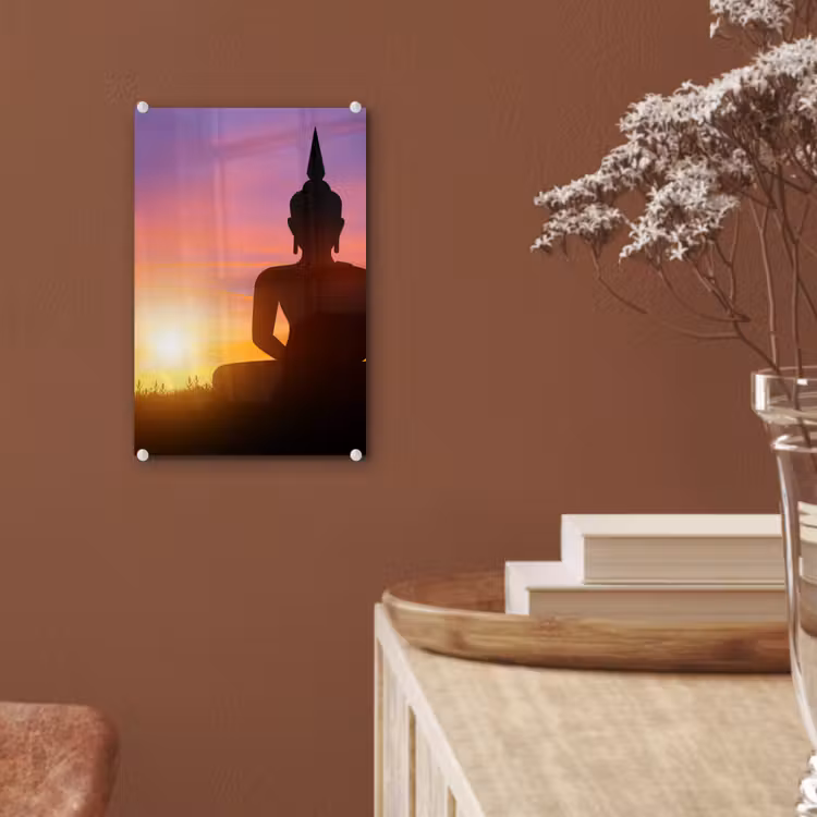 Glas schilderij - Zonsondergang - Horizon - Boeddha beeld - Buddha - Silhouette — 6
