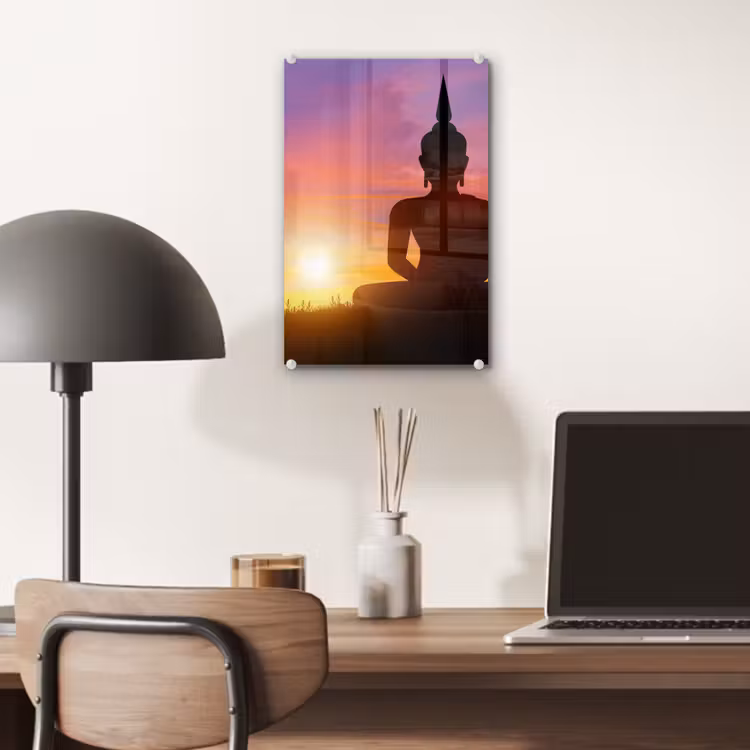 Glas schilderij - Zonsondergang - Horizon - Boeddha beeld - Buddha - Silhouette — 7