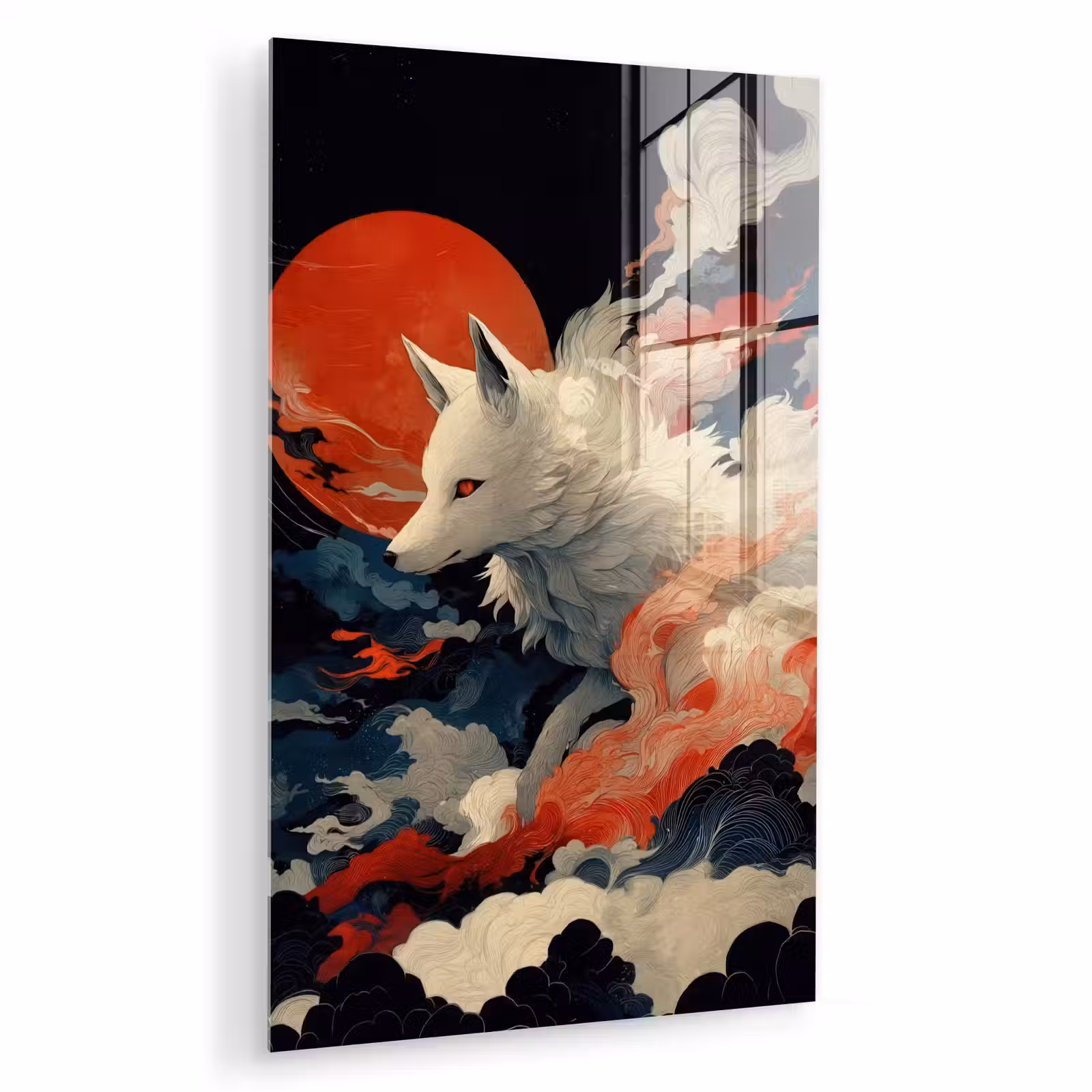 Glas schilderij - Witte vos - wolken - maan — 1