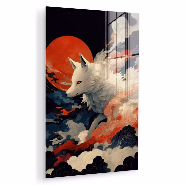 Glas schilderij - Witte vos - wolken - maan — 1