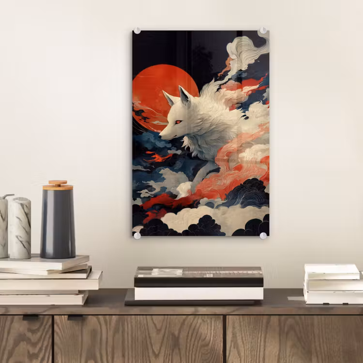 Glas schilderij - Witte vos - wolken - maan — 2