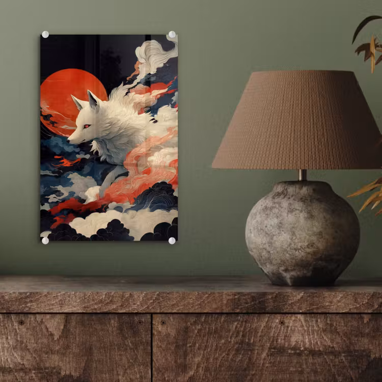 Glas schilderij - Witte vos - wolken - maan — 4