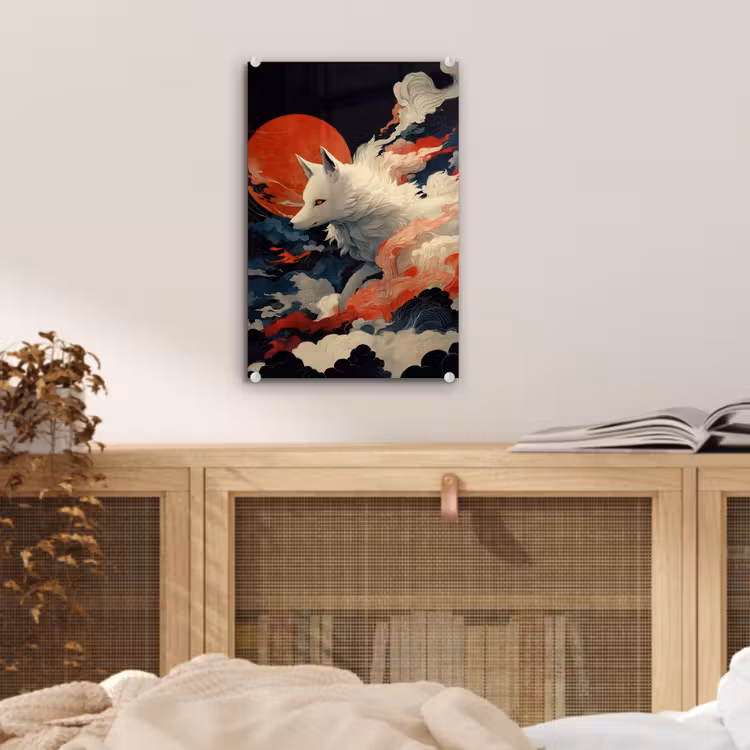 Glas schilderij - Witte vos - wolken - maan — 5