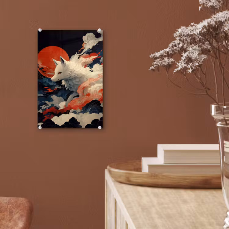 Glas schilderij - Witte vos - wolken - maan — 6