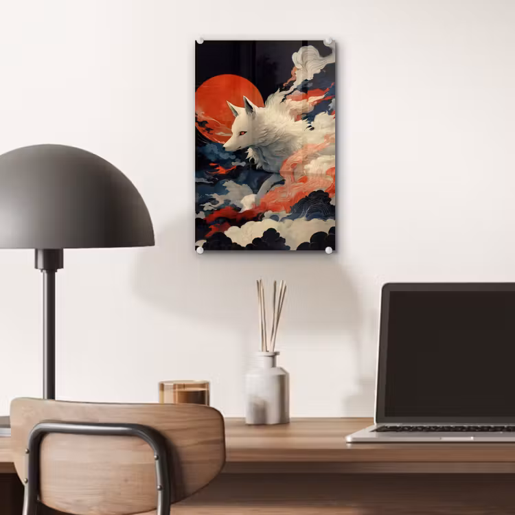 Glas schilderij - Witte vos - wolken - maan — 7