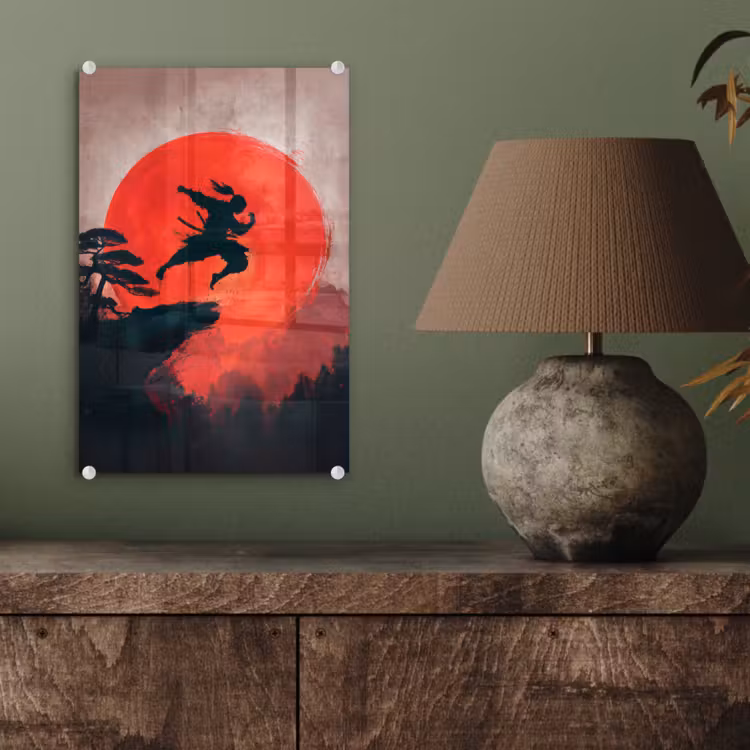 Glas schilderij - Zon - Krijger - Bomen - Bergen — 4