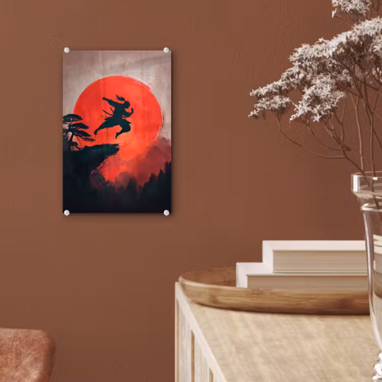 Glas schilderij - Zon - Krijger - Bomen - Bergen — 6